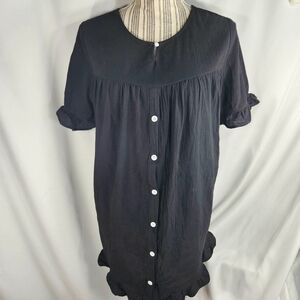 Designer Black Gauze Ruffled Edges Button Down Short Sleeve Top Size Medium